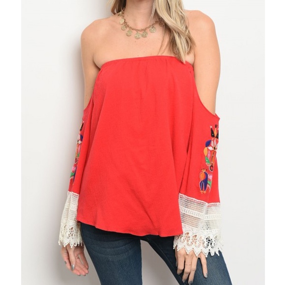 golden threads Tops - Red Off The Shoulder Top with Lace Feature